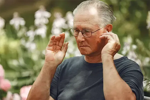 old man trying hearing aids