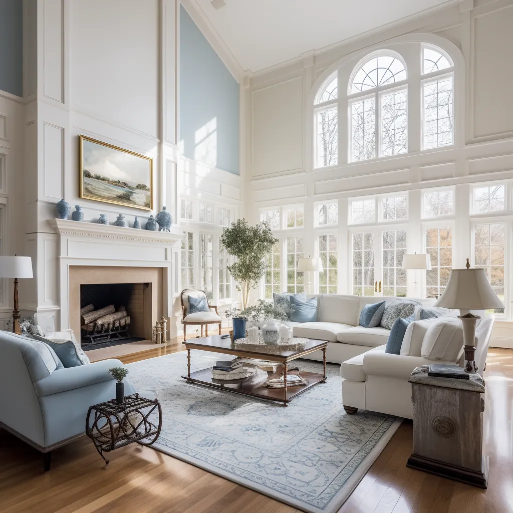 Beautifully staged living room with tall ceilings, elegant fireplace, and lots of window light