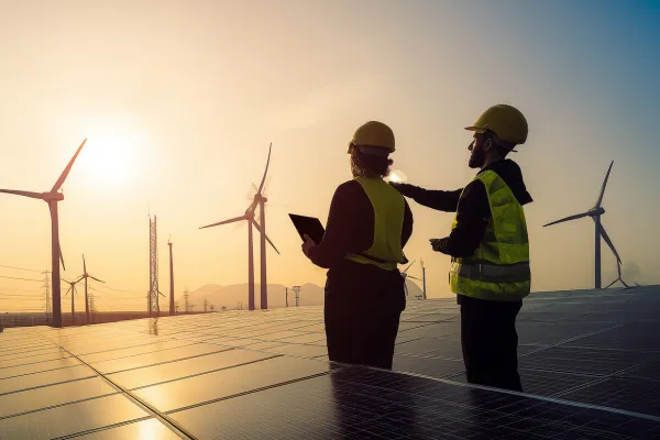 Two engineers inspecting solar panels and wind turbines at sunset, symbolising renewable energy investment and sustainable development.