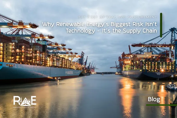 Container ships and port cranes at a global shipping terminal, illustrating the role of supply chains in renewable energy project delivery and procurement risk.