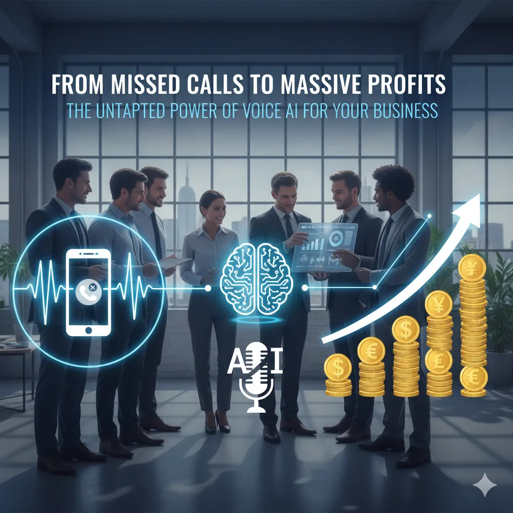 A group of business professionals are gathered around a table, looking at data on a tablet, with glowing icons representing voice AI, a smartphone, a brain, a microphone, and stacks of gold coins with currency symbols and an upward-pointing arrow.