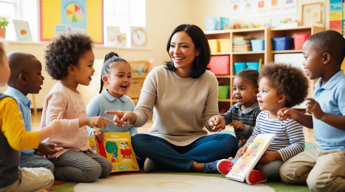 teacher and students in a childcare center