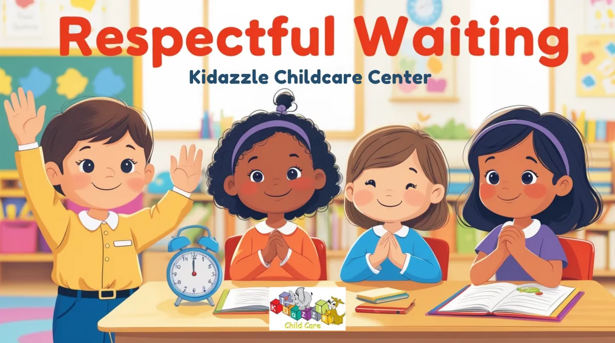 A cheerful, illustrated classroom scene with young children (ages 3–7) engaged in respectful waiting activities. One child is raising their hand calmly, another is sitting quietly with folded hands, and a third is looking at a timer. The children are diverse in appearance, and the setting includes a welcoming preschool classroom with colorful books, wall art, and soft natural lighting. At the top, leave space for a title header.