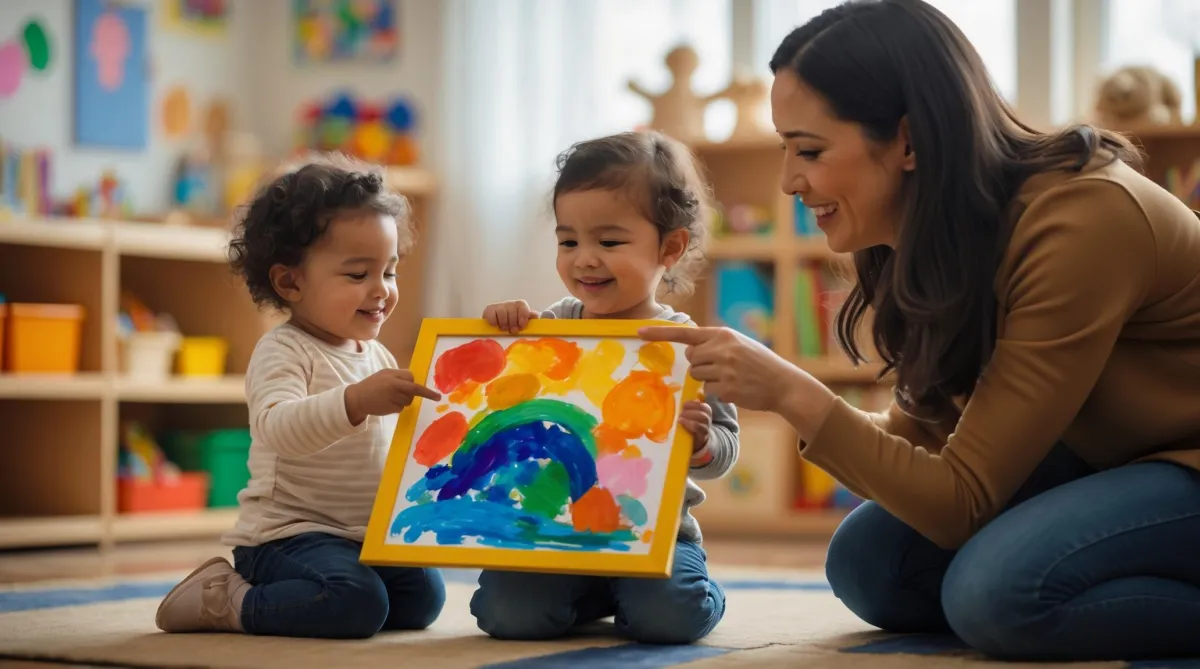 A warm, well-lit daycare or childcare classroom with a cozy atmosphere. In the foreground, a young child proudly shows a colorful painting to a kneeling parent or caregiver, who is smiling warmly and pointing to details in the artwork. The caregiver’s expression is attentive and encouraging. The background includes shelves with books and toys, child-made art on the walls, and soft natural lighting. The overall mood is nurturing, thoughtful, and emotionally connected—highlighting mindful praise and child-centered care.