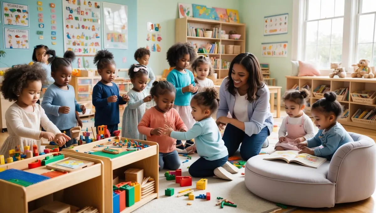 A vibrant, sunlit classroom bustling with energy, featuring children of diverse backgrounds engaging in creative playstations filled with colorful blocks, art supplies, and musical instruments. Caring educators, smiling warmly, kneel beside the children, guiding and encouraging exploration and learning. The room, painted in soft pastel hues, is adorned with educational posters and children's artwork, creating a welcoming atmosphere. A plush reading corner with cozy cushions and shelves filled with picture books invites a moment of quiet reflection. Natural light streams through large windows, casting a warm glow, while the scent of fresh paint and wooden toys enhances the sense of safety and nurturing, embodying the essence of a high-quality childcare program.