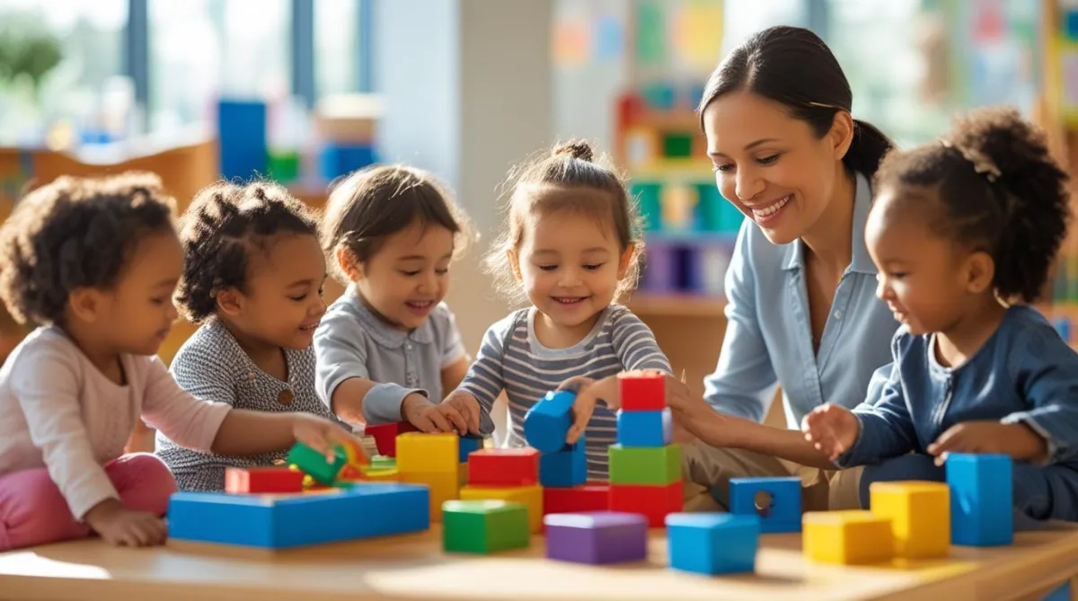 group of happy young children (ages 2–5) playing together with blocks and books, while a caring teacher smiles and guides them.