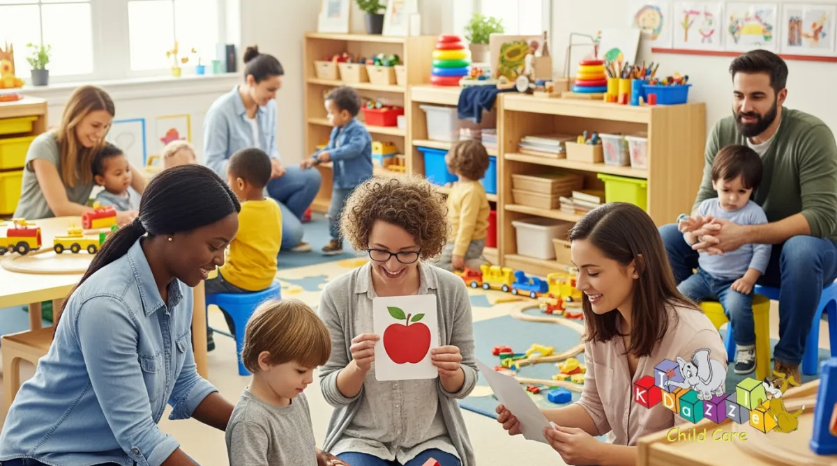 teacher gently supports a child stacking blocks