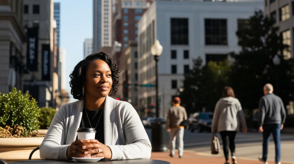 parent in downtown Atlanta enjoying a moment of self-care after dropping off their child at daycare