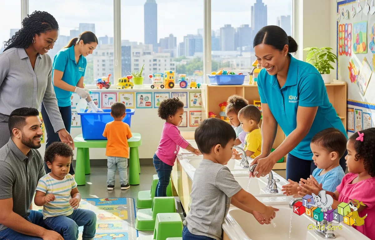Teachers are shown helping young children wash their hands at child-sized sinks