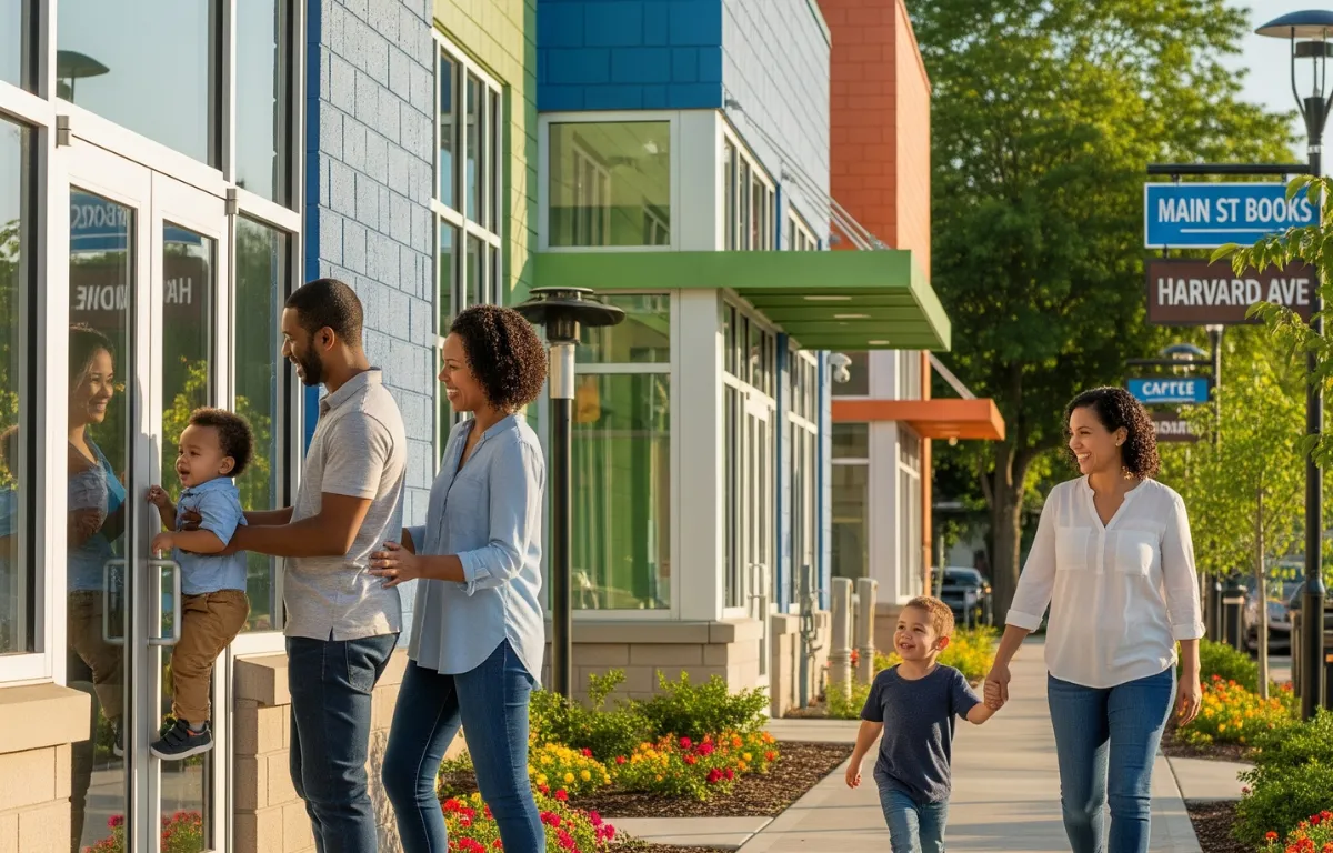 families interacting warmly with their children outside a modern childcare center