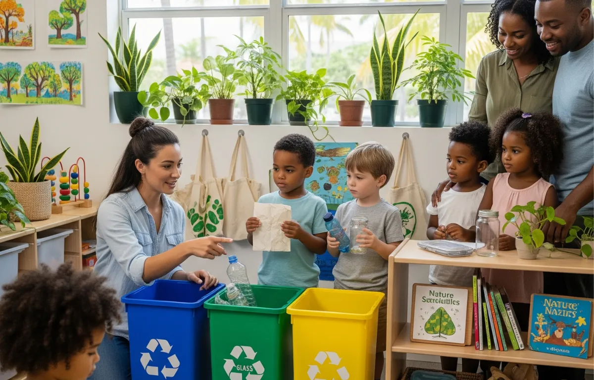 parents and young children practicing eco-friendly habits in a bright childcare setting
