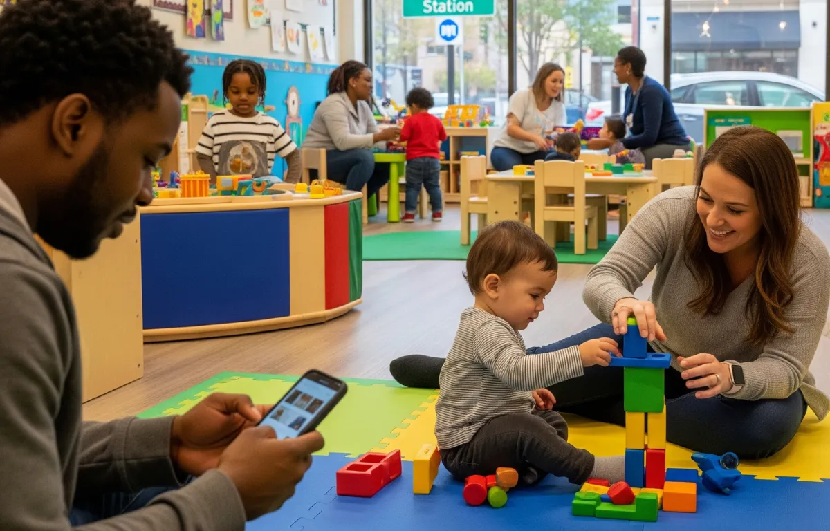 parent looks at their phone with social media images in the background (subtly blurred), while another parent smiles warmly as they play with their child, showing balance and real-life connection.