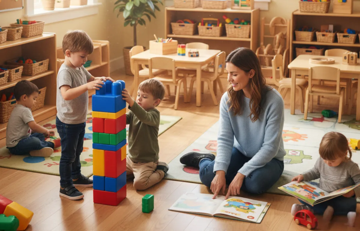 . Children are smiling, playing with blocks and books, while a caring teacher kneels nearby encouraging them.