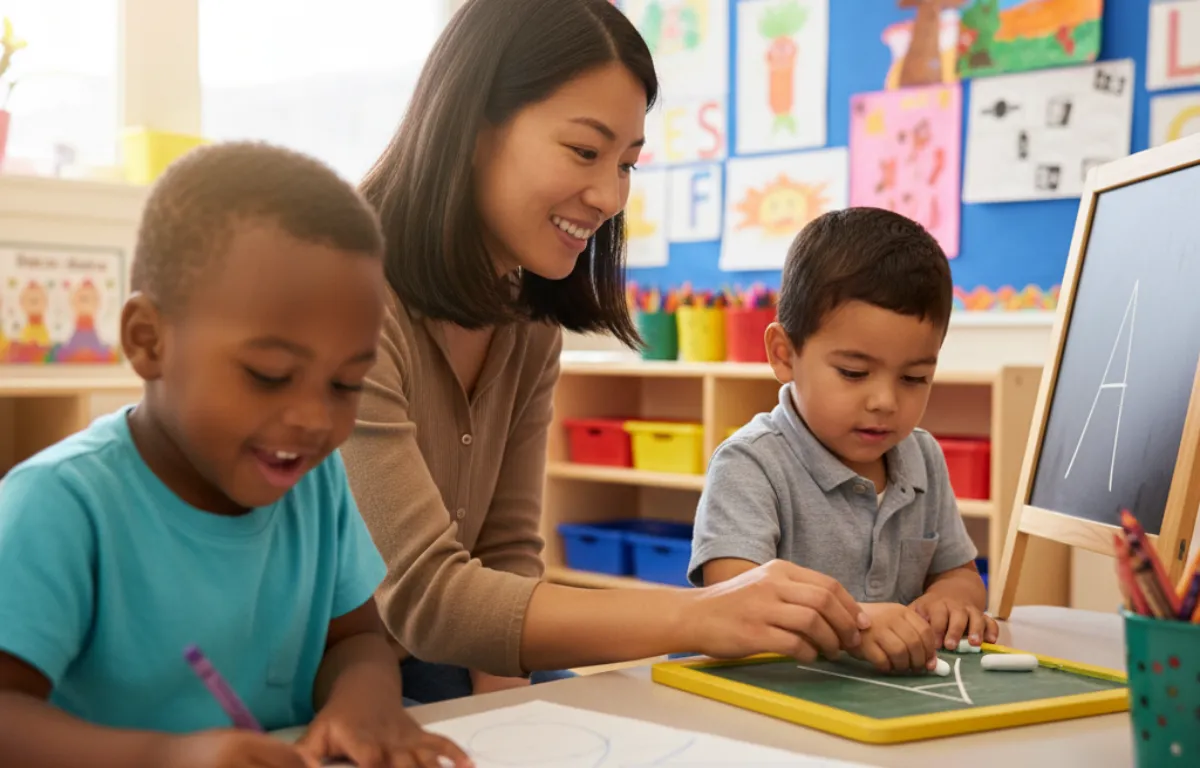 a teacher teaching her 2 students