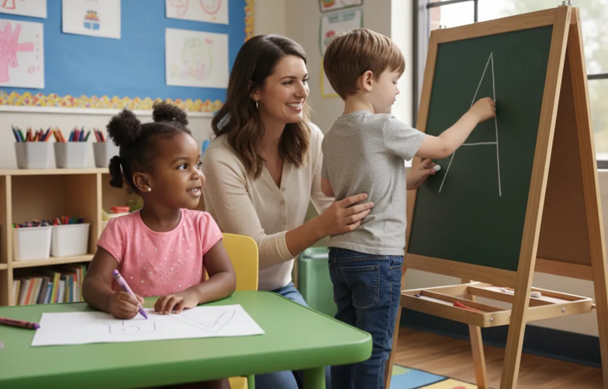 One child is drawing with crayons on paper, another is tracing letters on a chalkboard, while a smiling teacher kneels nearby to encourage them.