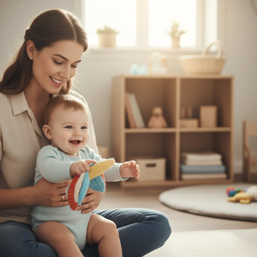 a caregiver gently holding a smiling infant