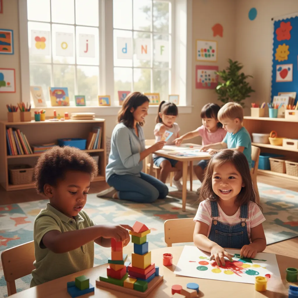 young children engaged in playful learning activities in a colorful classroom.