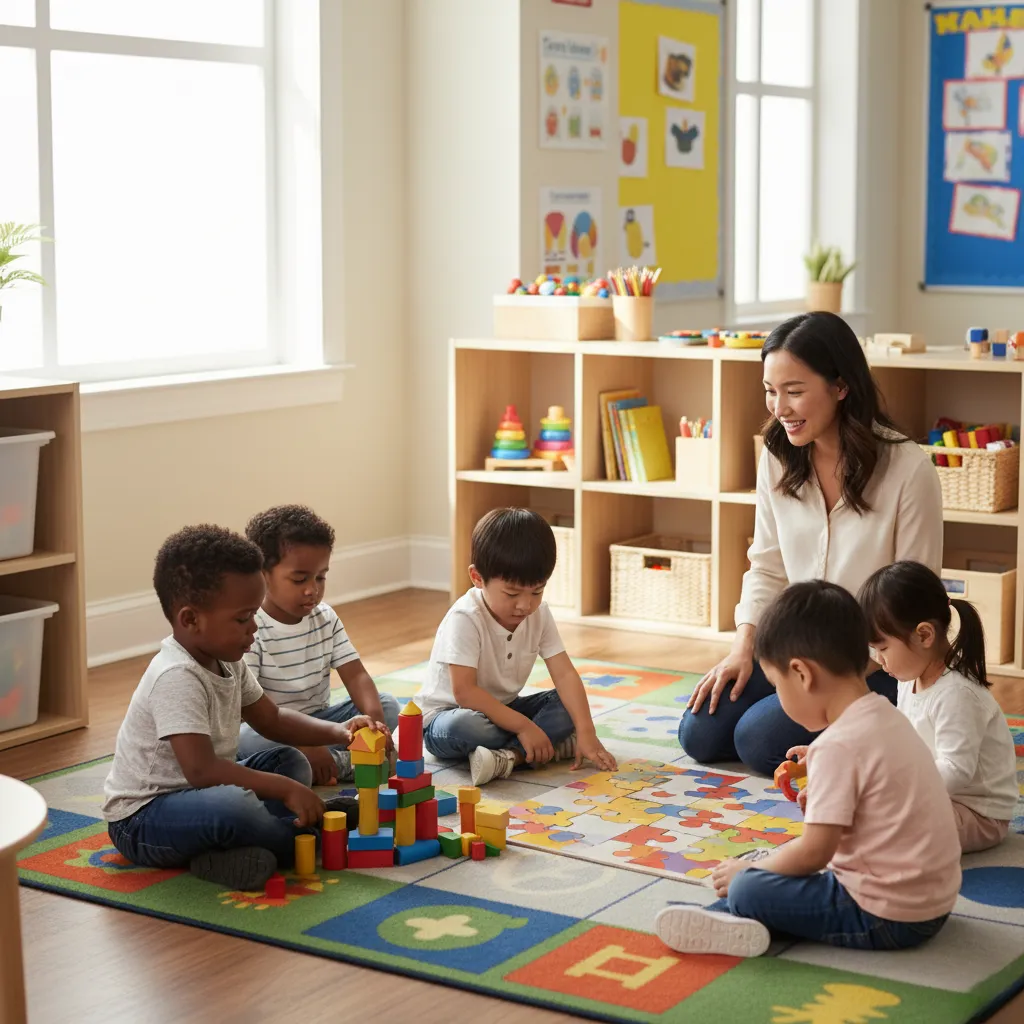 children of diverse backgrounds are playing together with toys, blocks, and books, while a smiling caregiver kneels nearby to engage with them.