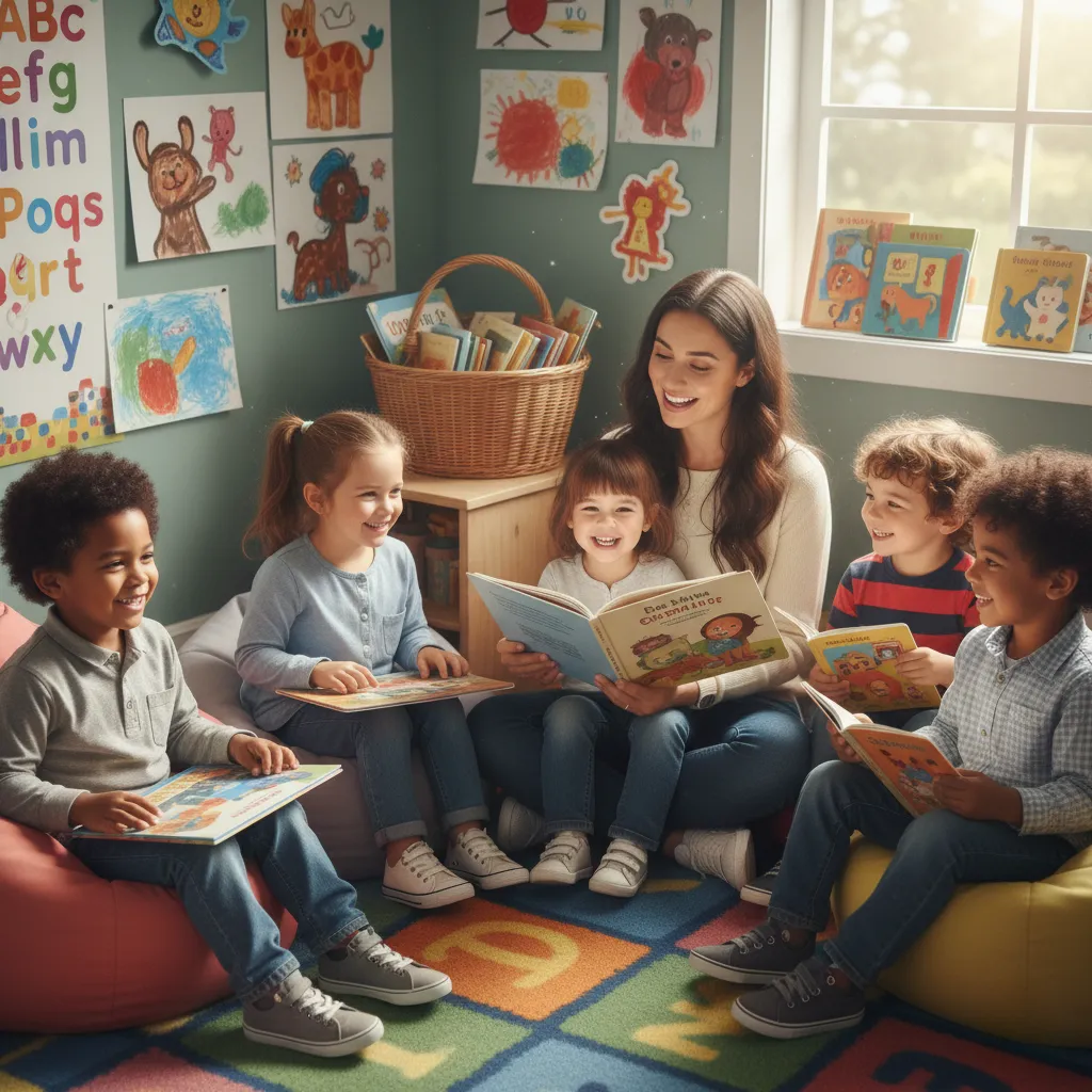 group of young children sitting together with a teacher in a cozy reading corner