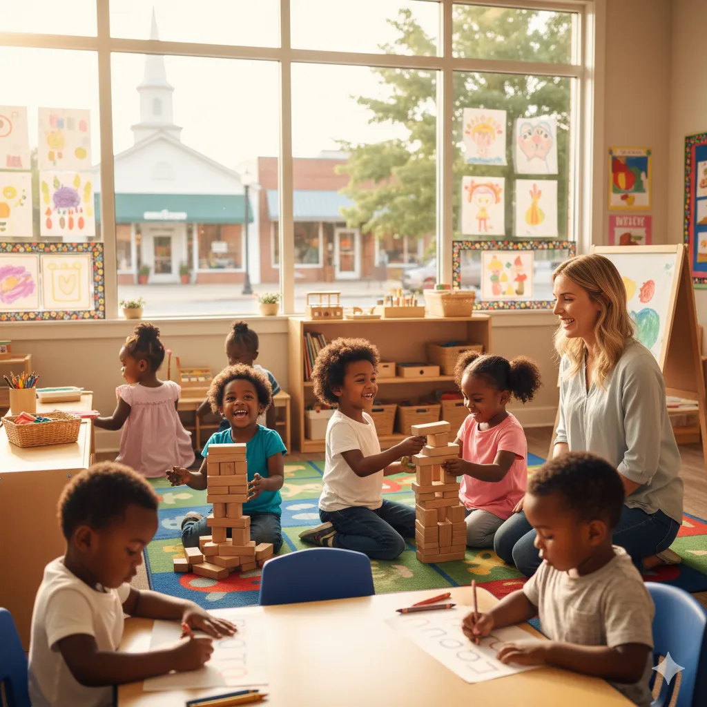 smiling children engaged in activities — tracing letters, painting, and playing with building blocks