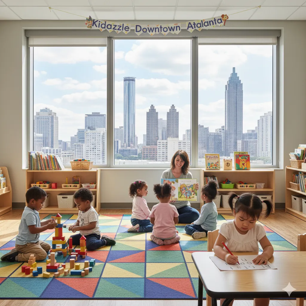 Children play with blocks, trace letters, and listen to a teacher reading a story.
