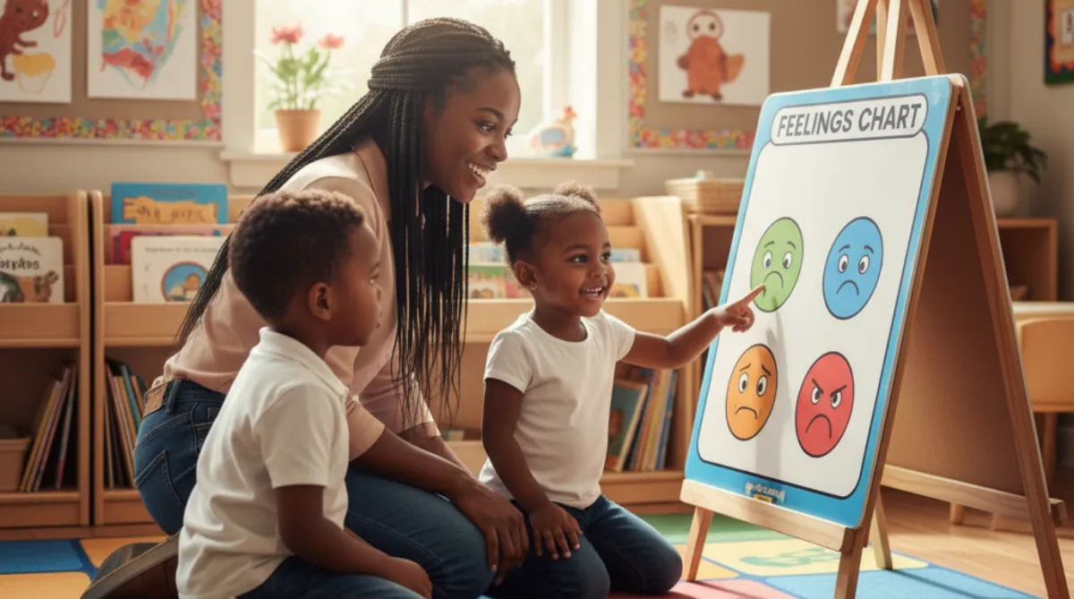 a teacher kneels beside two young children, guiding them through an emotions chart.