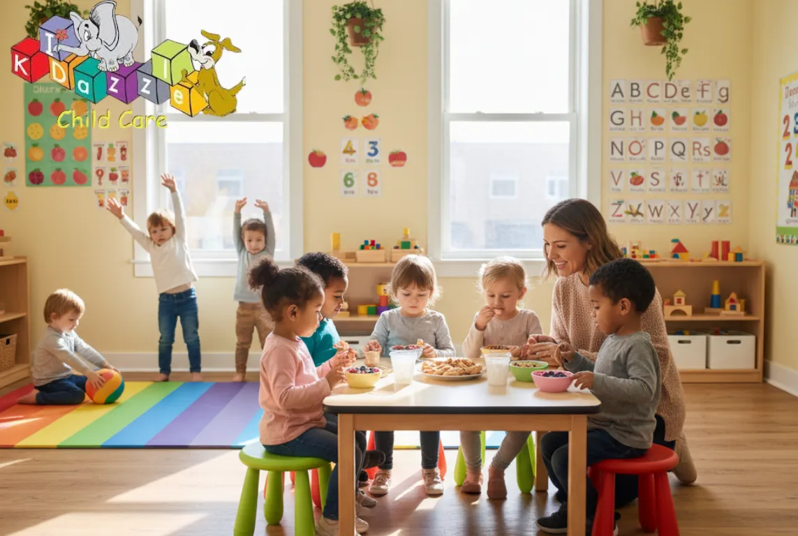 A smiling teacher kneels nearby, encouraging the children.