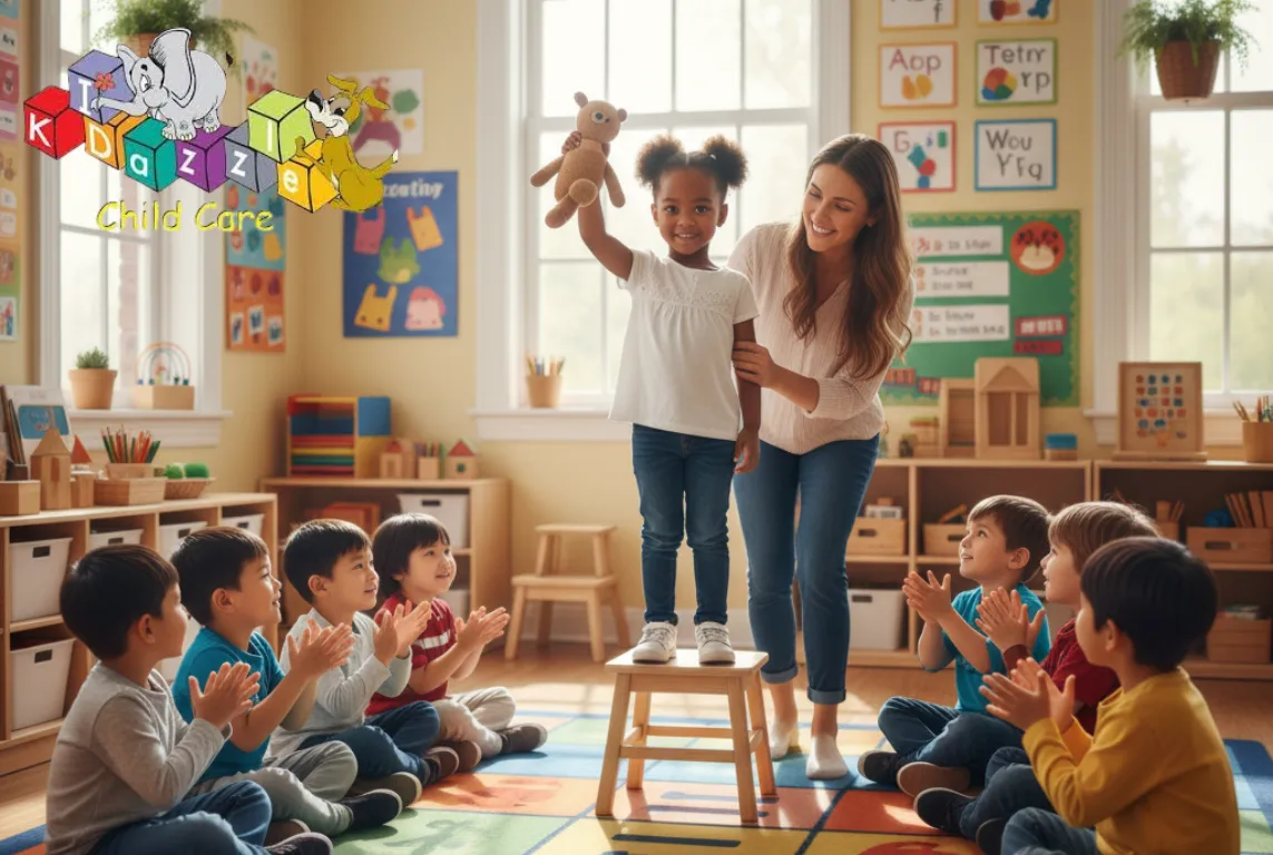 One child stands proudly leading show-and-tell while others listen and clap. A teacher smiles supportively nearby.