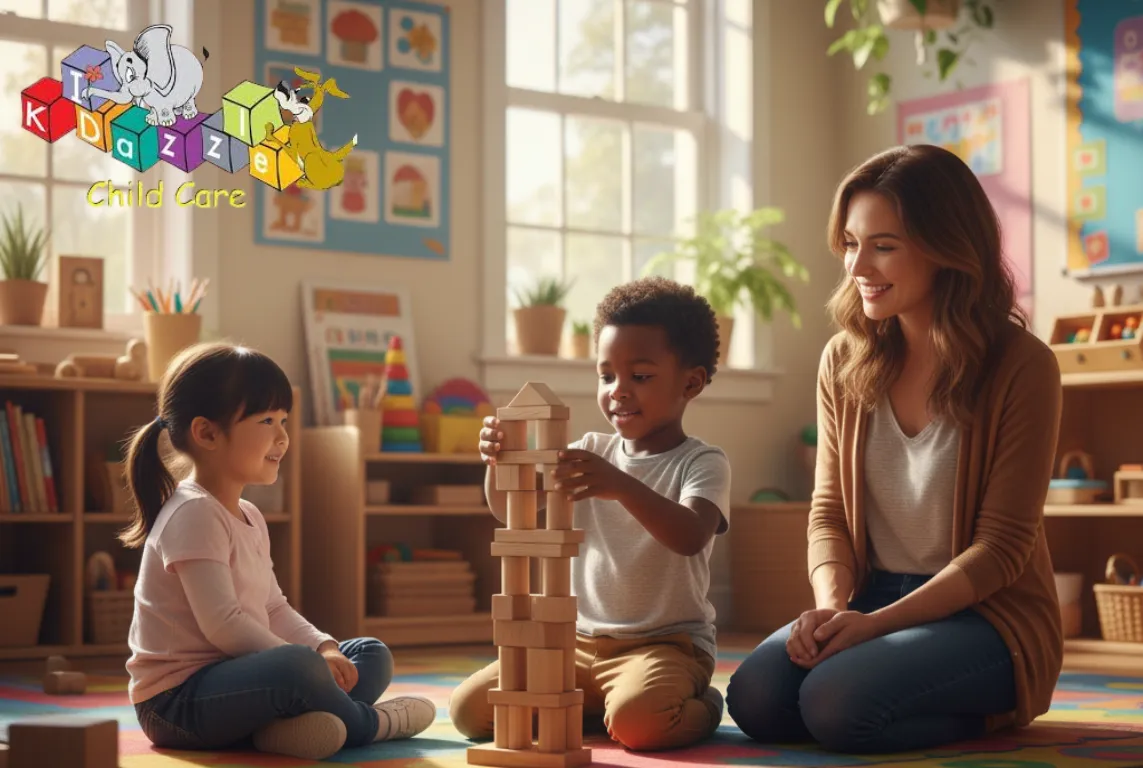 A young child is rebuilding a block tower while another waits patiently nearby.