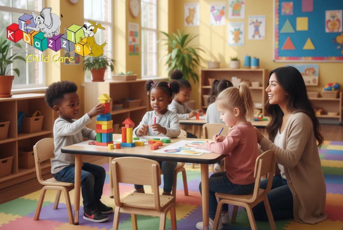 A group of three-year-old children play at small tables — one stacking colorful blocks, another drawing with crayons, and one smiling up at a teacher who kneels beside them