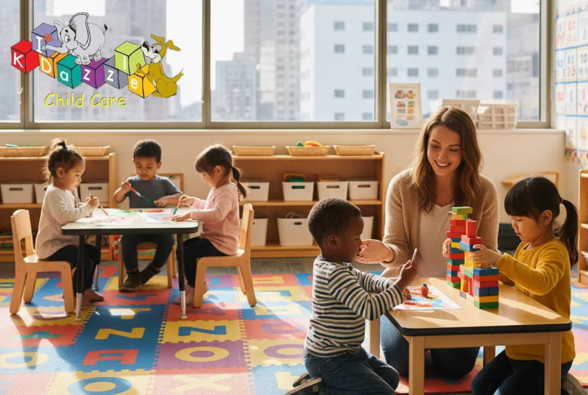 A diverse group of three-year-old children are painting and stacking colorful blocks as a smiling teacher kneels beside them.