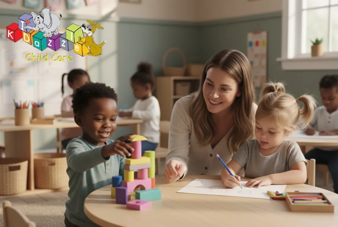 A smiling teacher kneels beside them, encouraging gently.