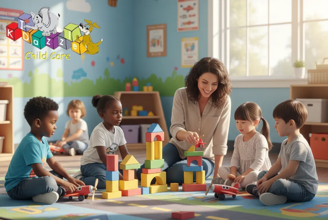 group of three-year-old children play on a colorful rug with blocks and toy airplanes while a teacher kneels beside them, smiling and guiding