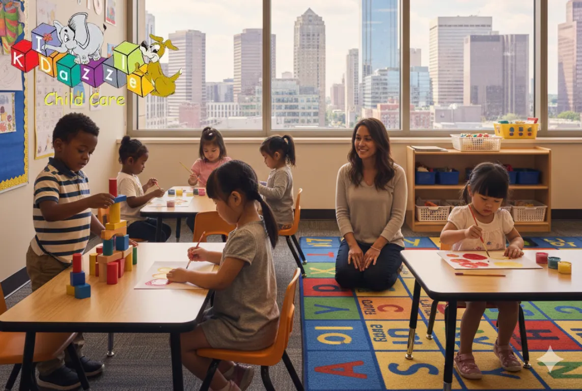Three-year-old children are playing at tables — one child stacking colorful blocks, another painting, and a teacher kneeling nearby smiling.