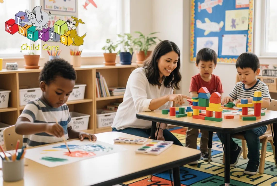 A diverse group of three-year-old children play and explore — one paints, another builds with blocks, while a smiling teacher kneels nearby encouraging them.