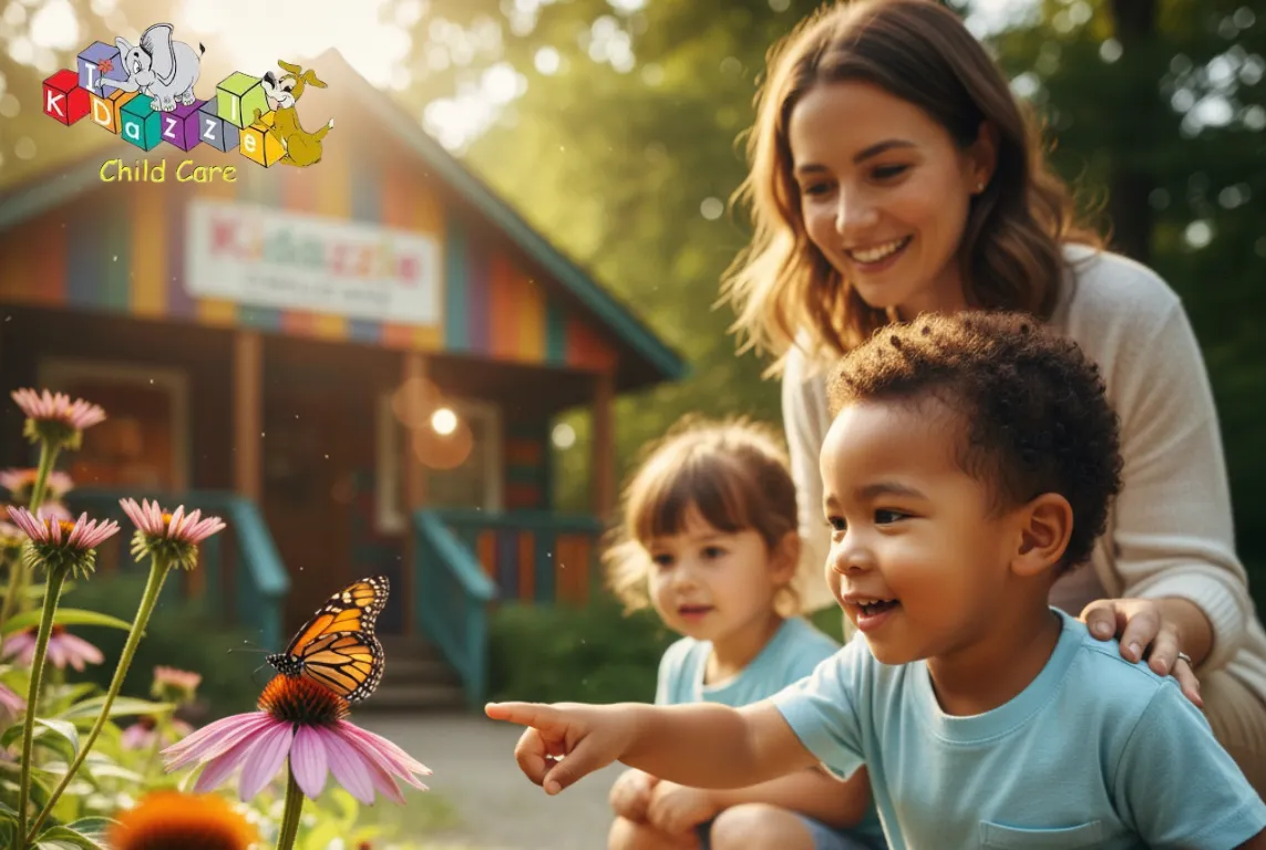 The child crouches to observe a butterfly or flower with fascination, while sunlight filters through nearby trees.