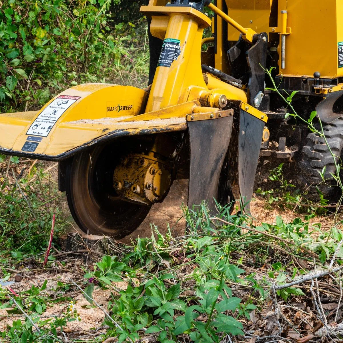 Professional stump grinder, a machine equipped with a rotating cutting disk