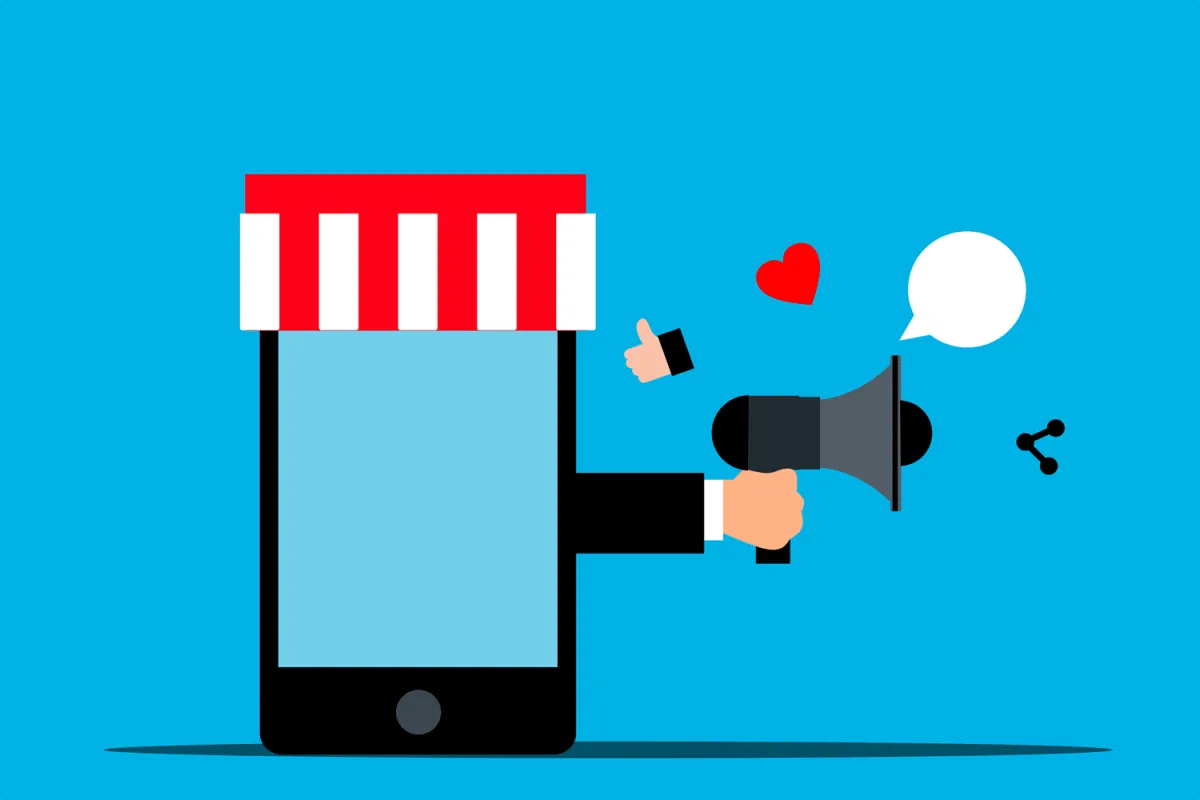 A digital illustration of a mobile phone with a store awning, a megaphone, and social media icons.