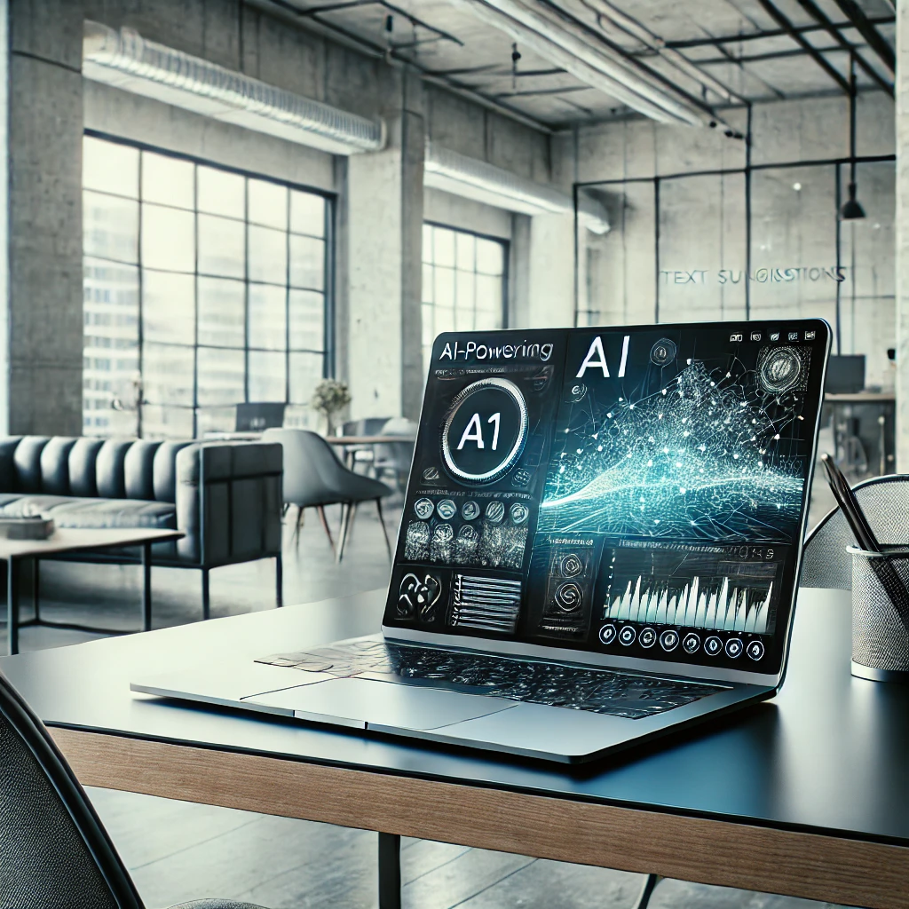 A laptop displaying AI-powered analytics and data insights in a modern office space with a sleek, industrial design.