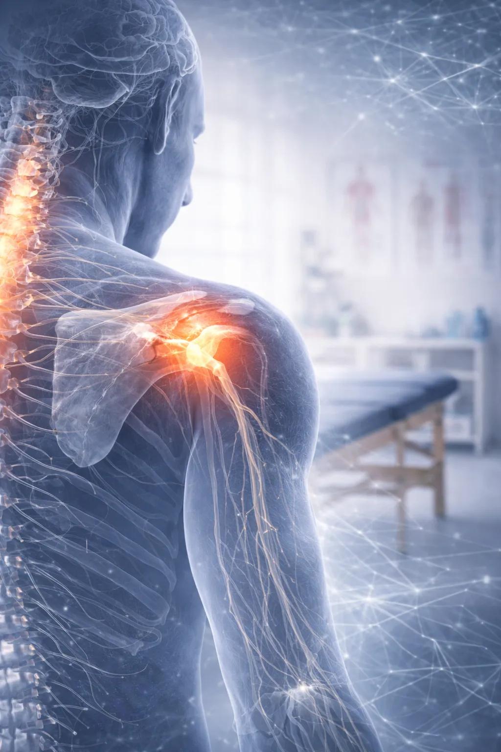 Posterior view of an adult with a glowing shoulder region highlighting localized shoulder pain.