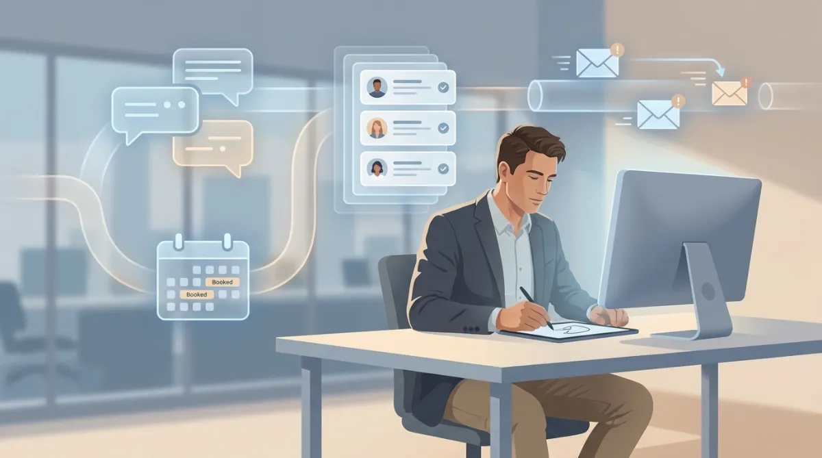 Illustration showing CRM automation helping a service business manage leads and follow up