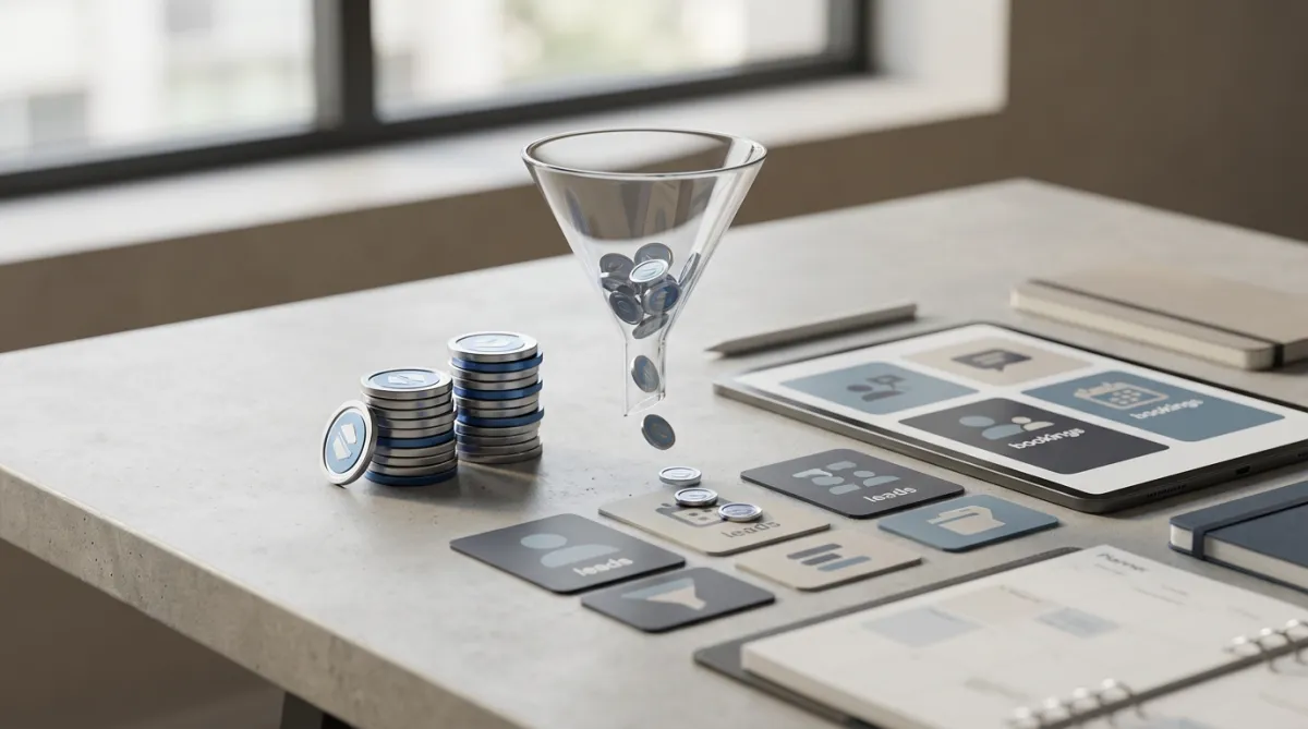 Conceptual image showing advertising spend converting into leads for a service business