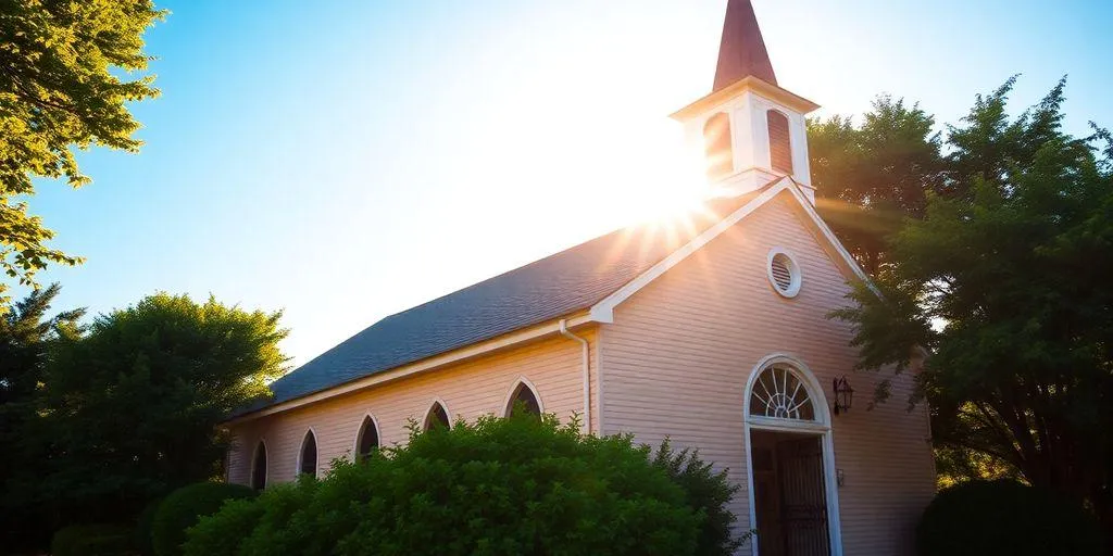 Church building and steeple with a warm glow.