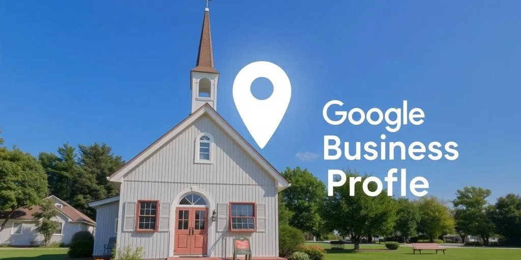 Church building, map pin, Google logo, local SEO.