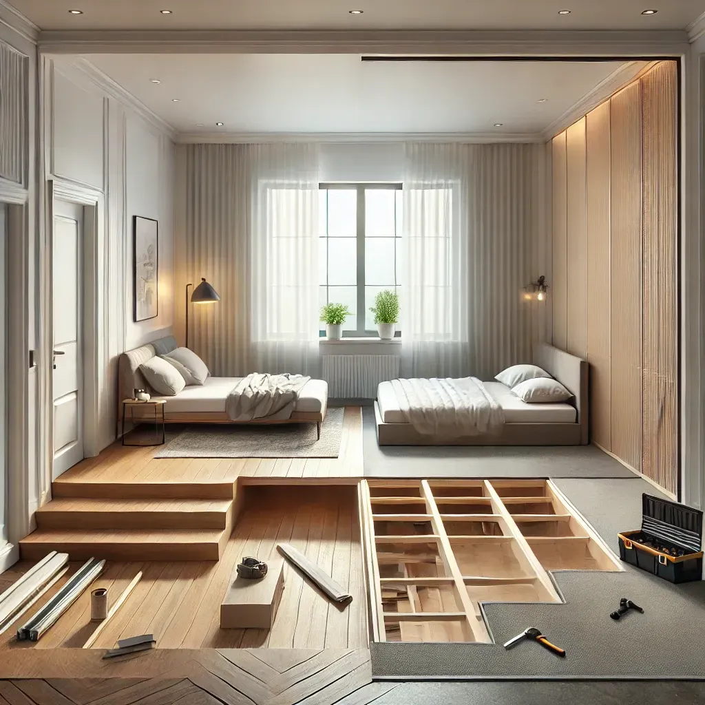 Photorealistic image of a reception room being converted into a bedroom. The room features white walls, a large window with natural light, and partially completed work, such as a door being installed. One side of the room shows a bed frame being assembled, while the other side retains a small couch and coffee table. The flooring is partially carpeted, with tools like a hammer and a toolbox visible, indicating work in progress.