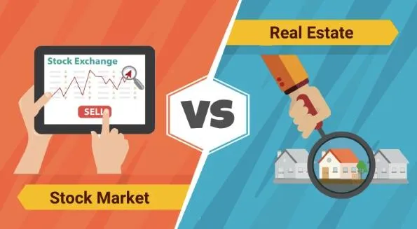 Illustration comparing the stock market and real estate, with a tablet showing a stock exchange graph on the left and a hand holding a magnifying glass over houses on the right, separated by a bold 'VS' in the center