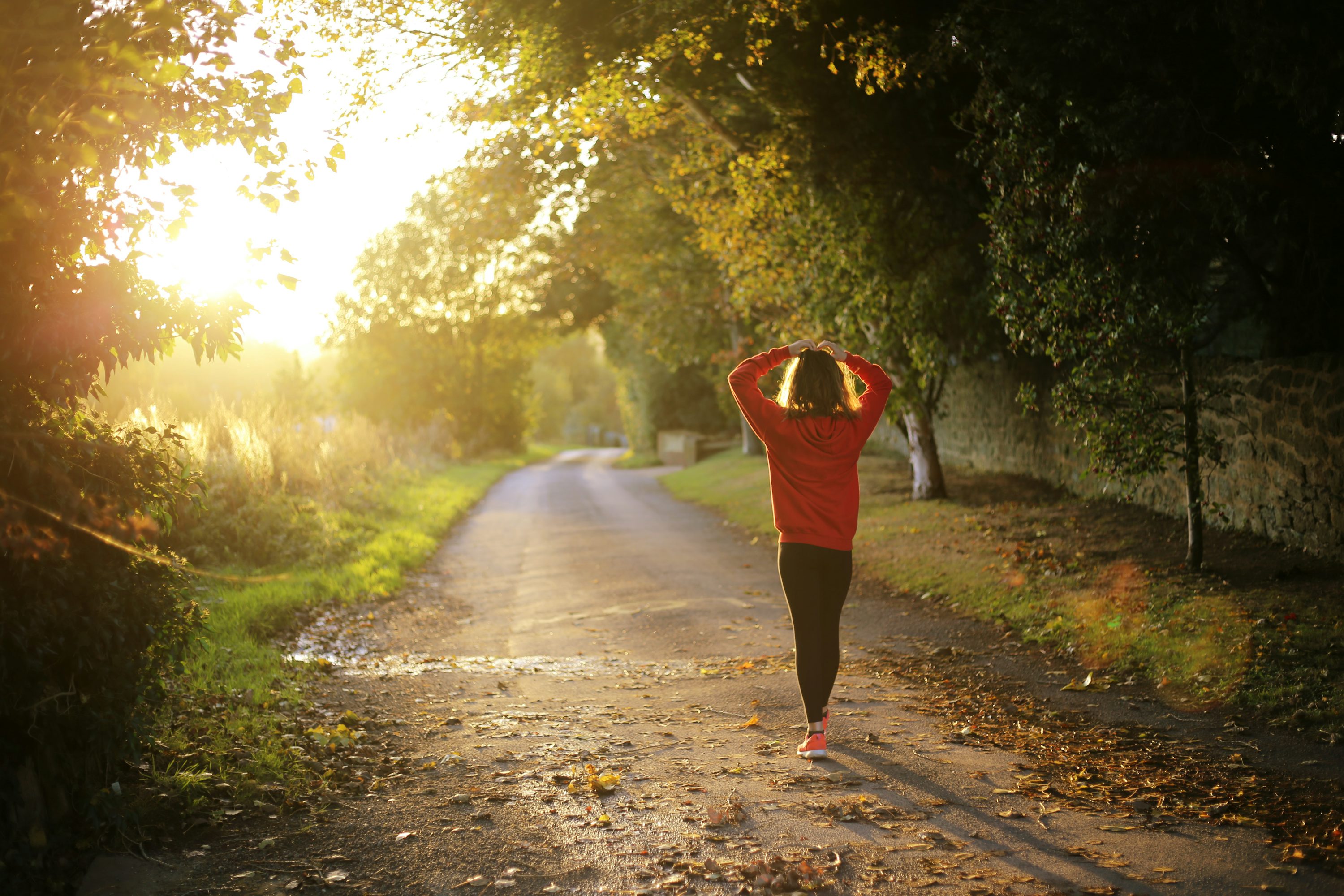 Professional woman walking forward on a glowing sunrise path, representing leadership transition and forward momentum.
