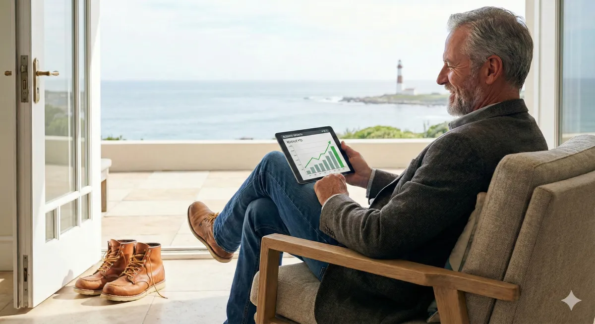 Retired trade business owner relaxing in a chair looking at a growth chart on a tablet, with work boots left by the door.