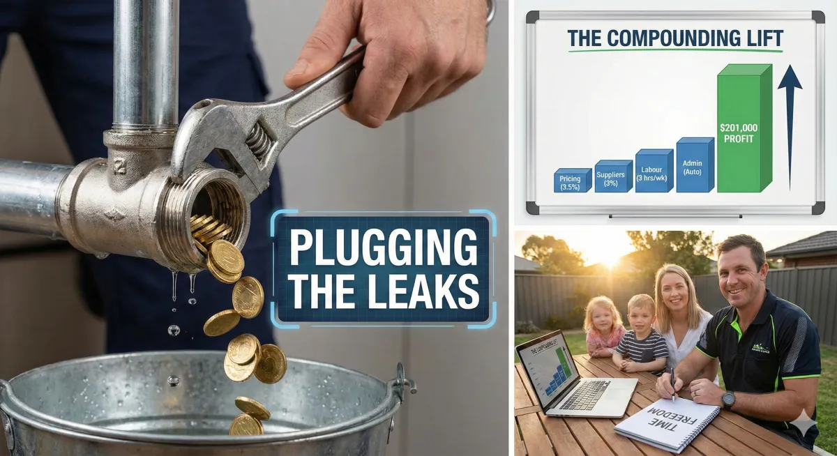 Illustration of a wrench fixing a pipe leaking gold coins with the text 'Plugging the Leaks,' symbolizing finding hidden profit in a tradie business.