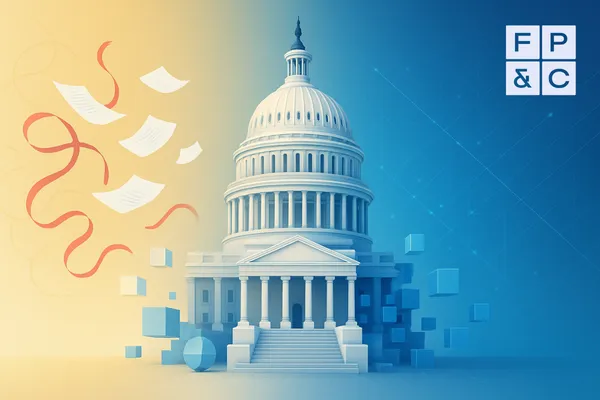 "Illustration of the U.S. Capitol building transitioning from tangled red tape and flying paperwork to structured digital blocks, symbolizing the shift from bureaucracy to breakthroughs using first principles thinking. FP&C logo in the top right corner.